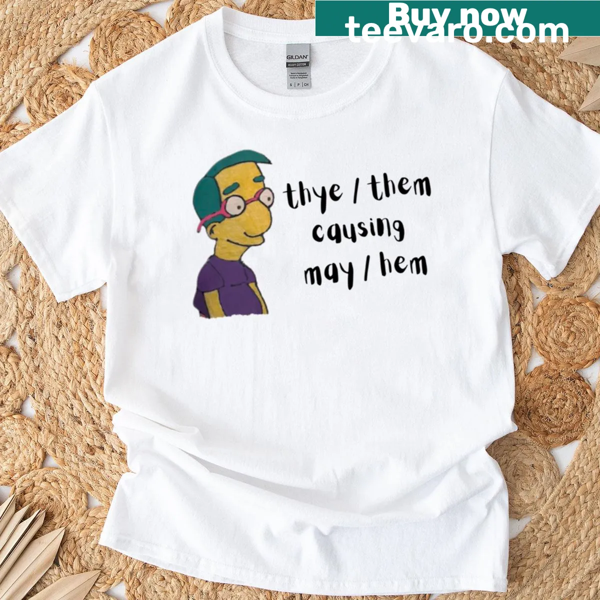 T-shirt featuring 'They Them Causing Mayhem' text — on a men's t-shirt