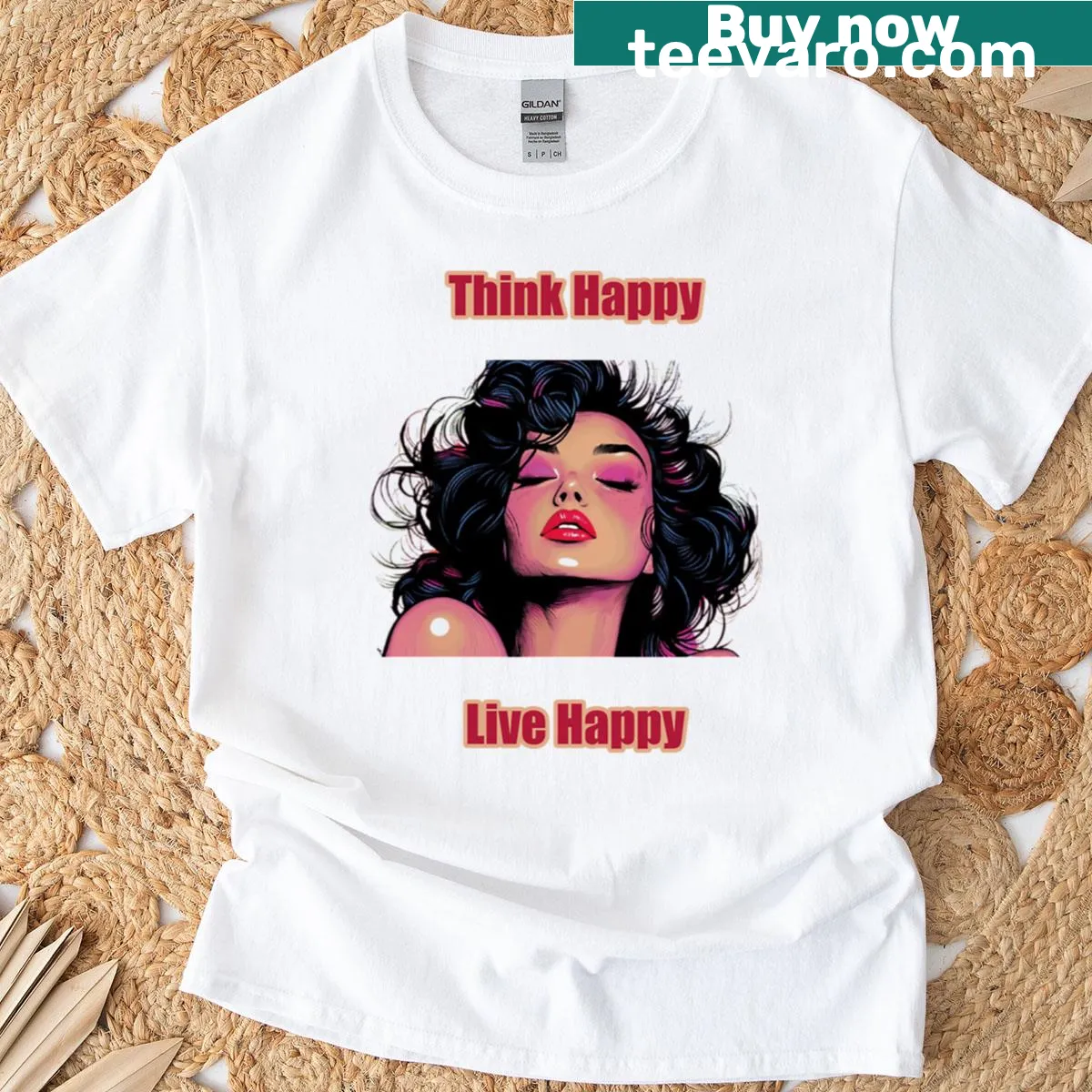 T-shirt featuring the phrase 'Think Happy Live Happy' in a playful font — on a men's t-shirt