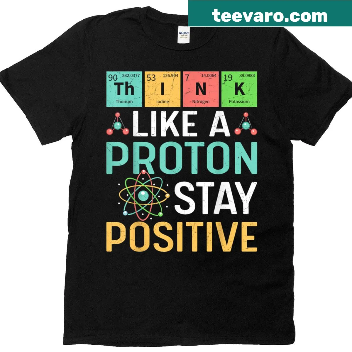 Funny science t-shirt with the slogan about protons and positivity — on a men's t-shirt
