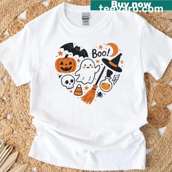 Cute Halloween-themed shirt with skull, ghost, pumpkin, heart, and witch hat