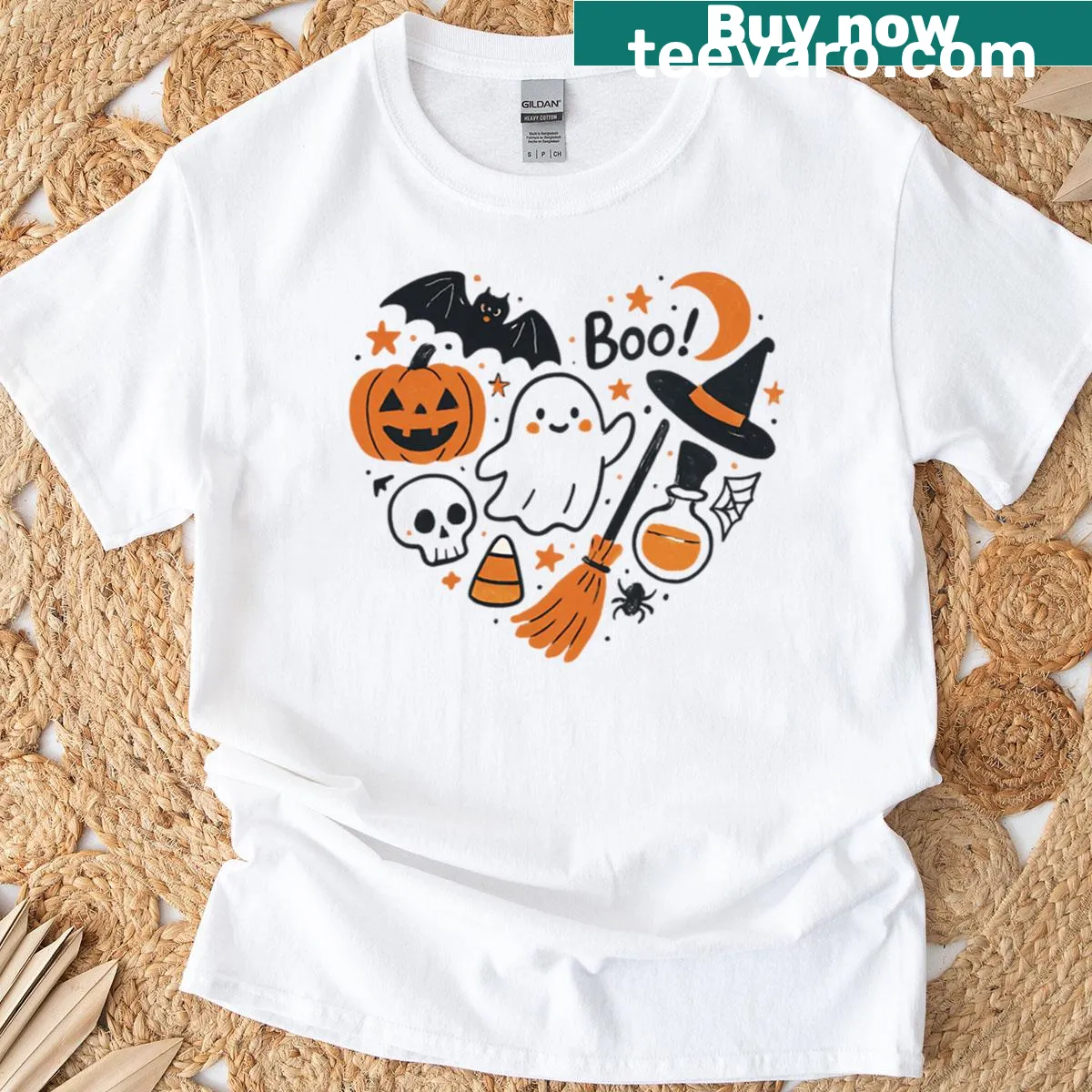 Cute Halloween-themed shirt with skull, ghost, pumpkin, heart, and witch hat — on a men's t-shirt