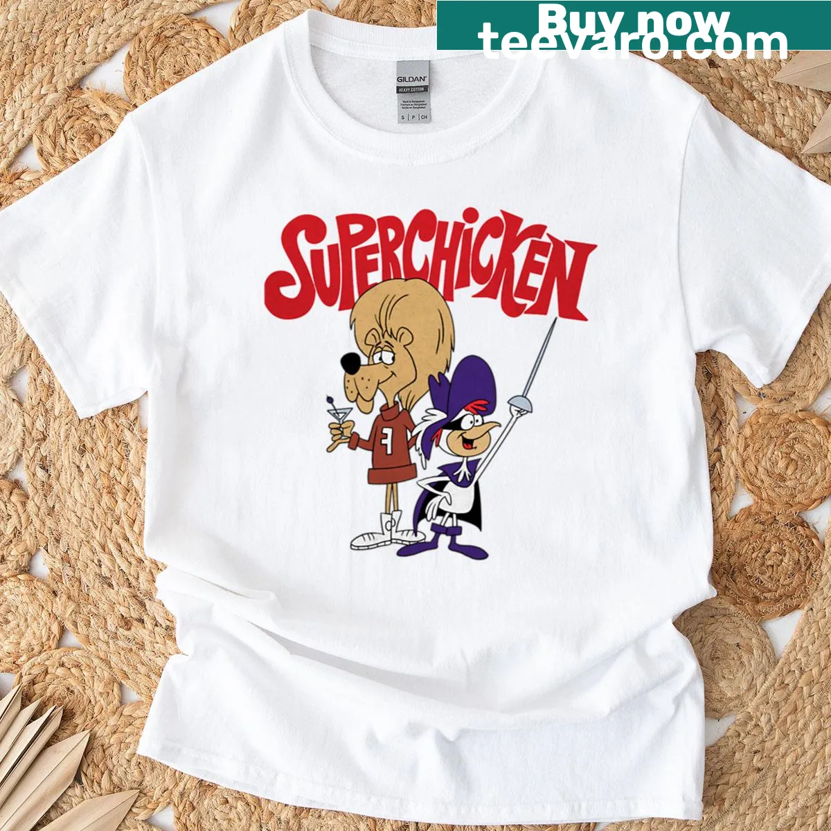 Super Chicken tribute shirt featuring characters Super Chicken and Fred — on a men's t-shirt
