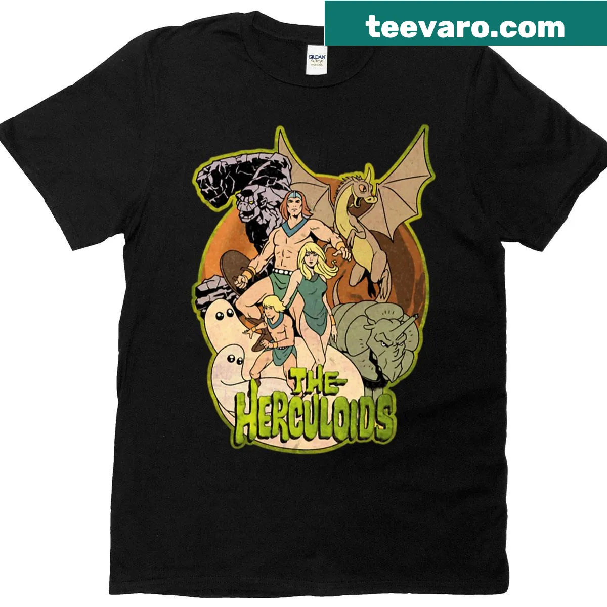 Illustration of The Herculoids characters on a nostalgic t-shirt — on a men's t-shirt