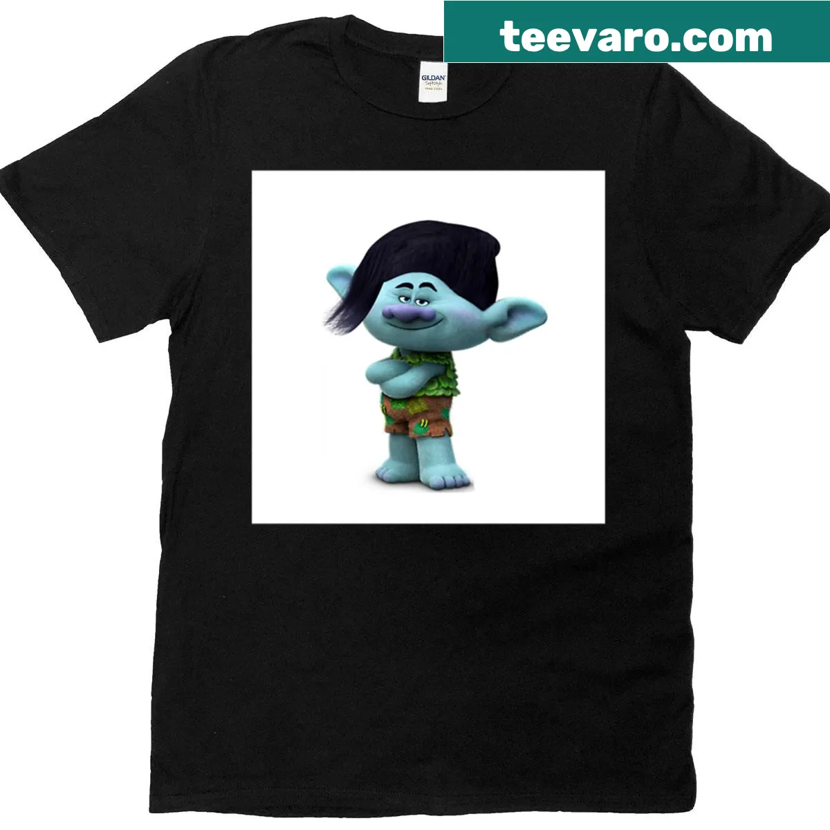 Cartoon Trolls graphic T-shirt featuring cheerful characters — on a men's t-shirt