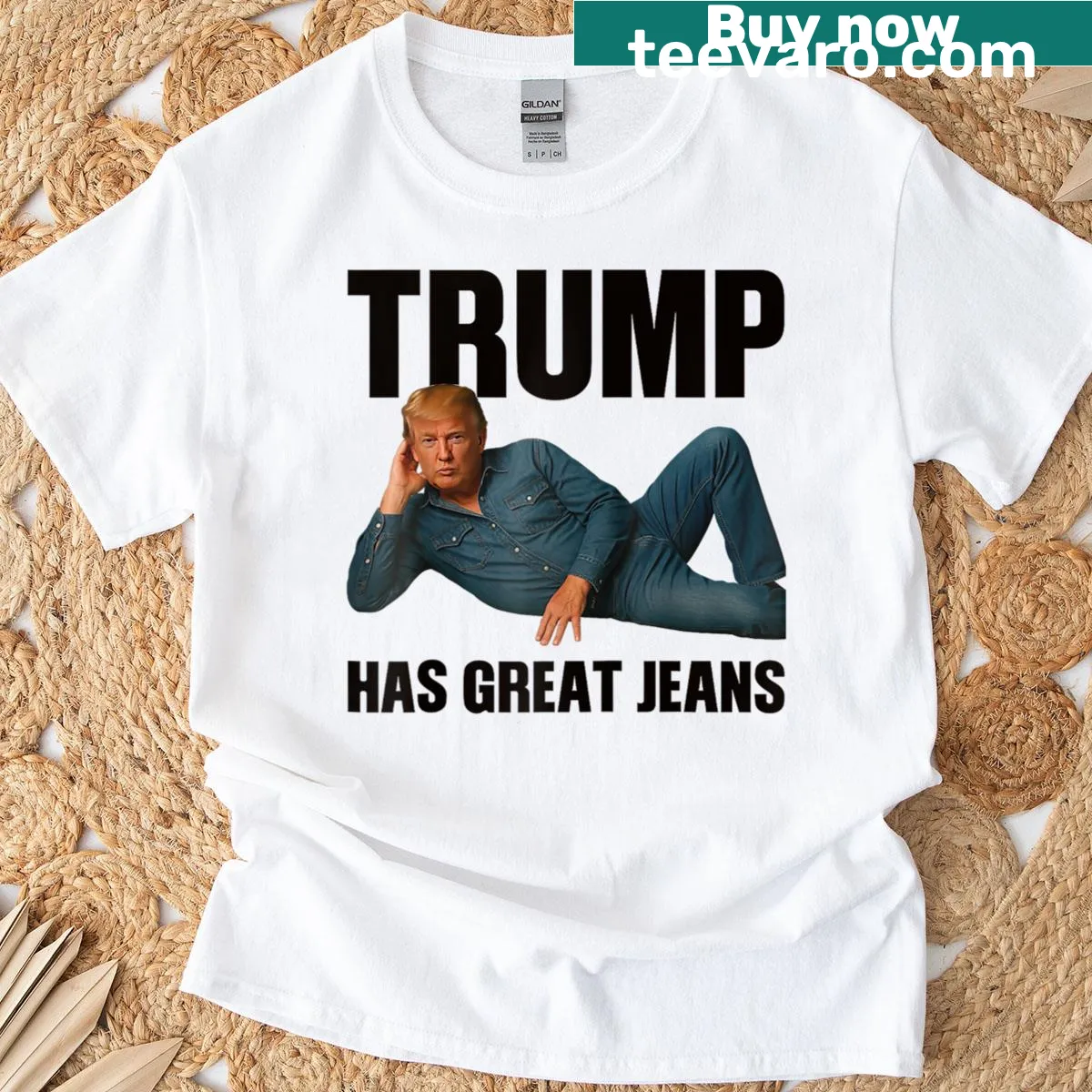 Funny meme Trump jeans themed raglan T-shirt — on a men's t-shirt