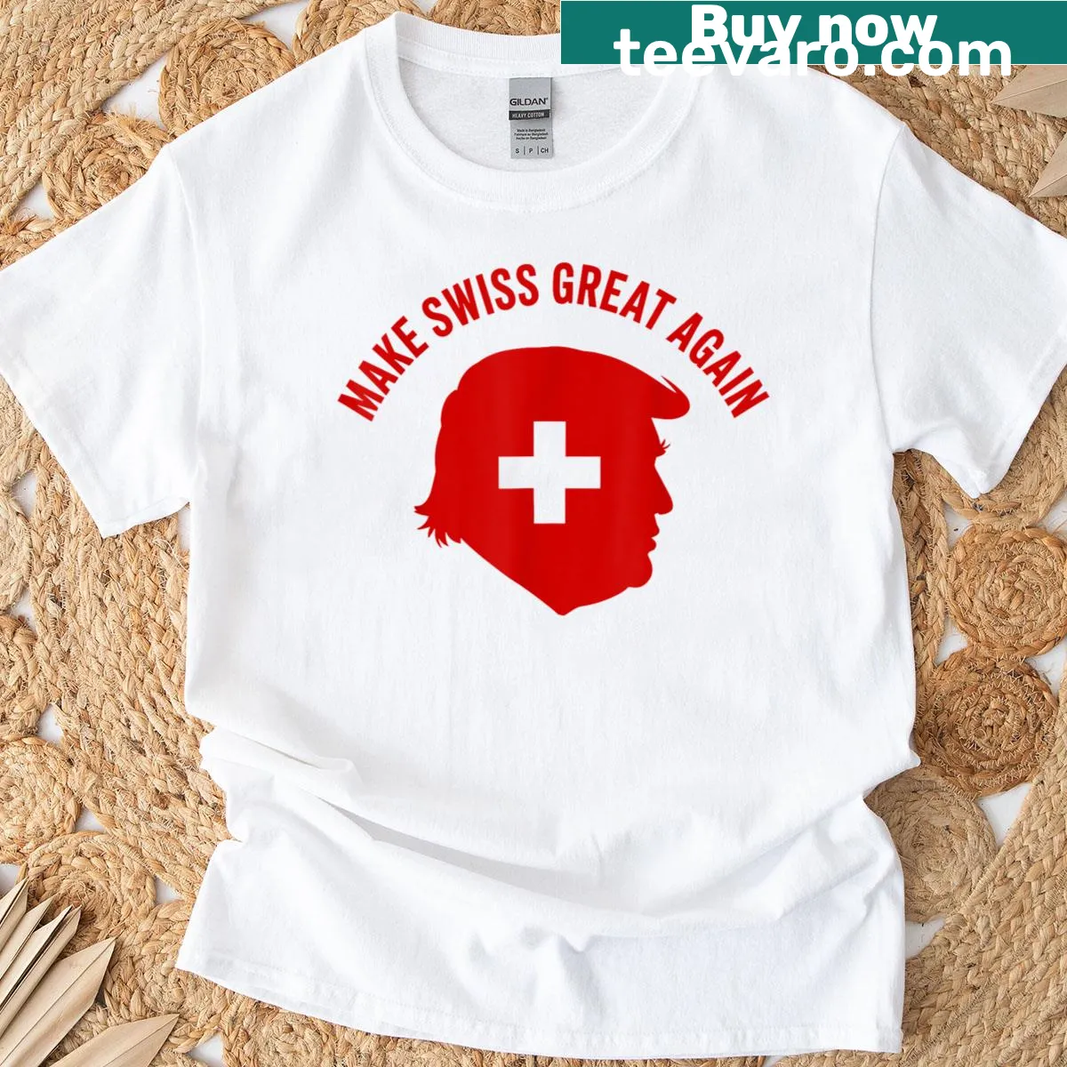 Funny political slogan Make Swiss Great Again t-shirt — on a men's t-shirt