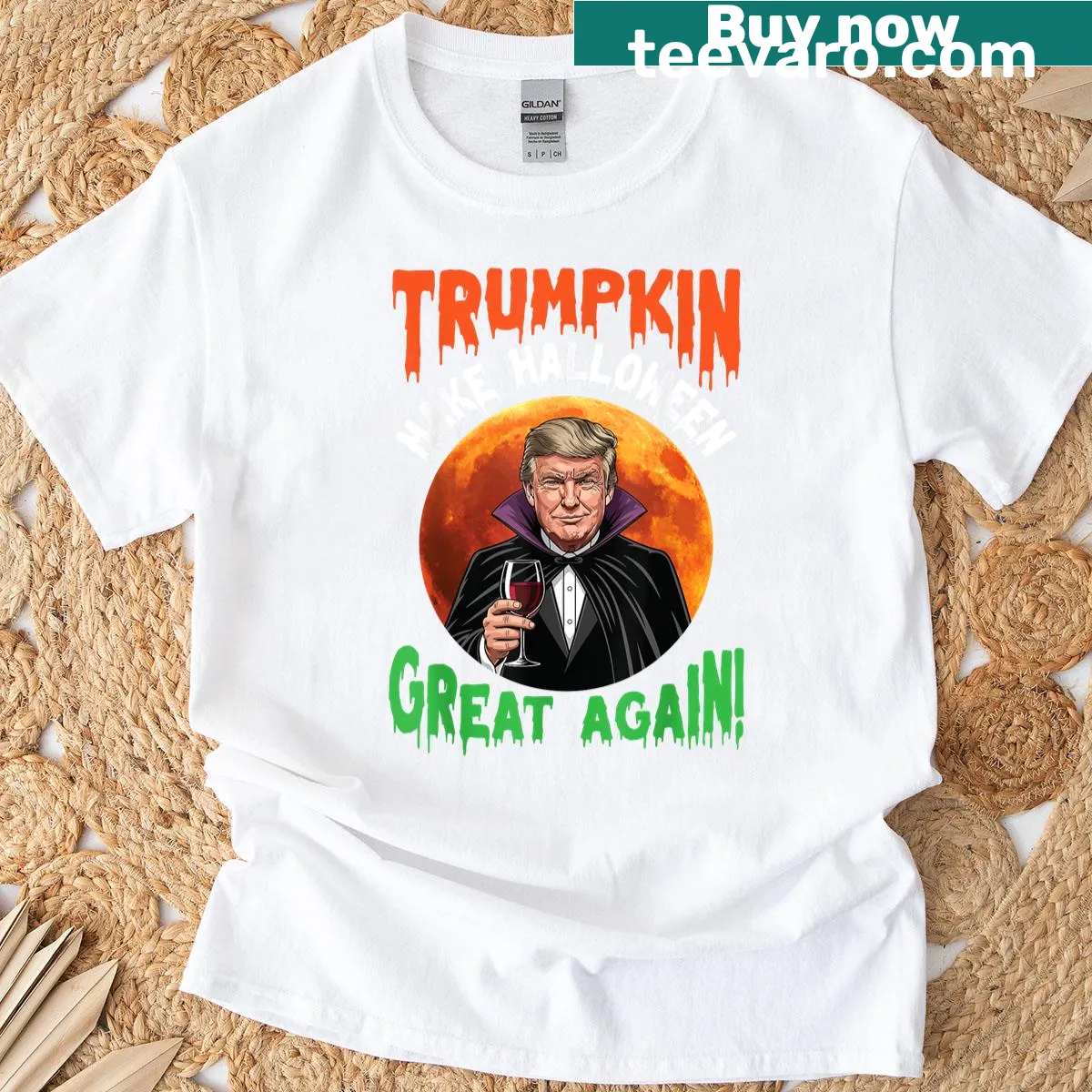 Illustration of a vampire pumpkin drinking wine on Halloween T-shirt — on a men's t-shirt