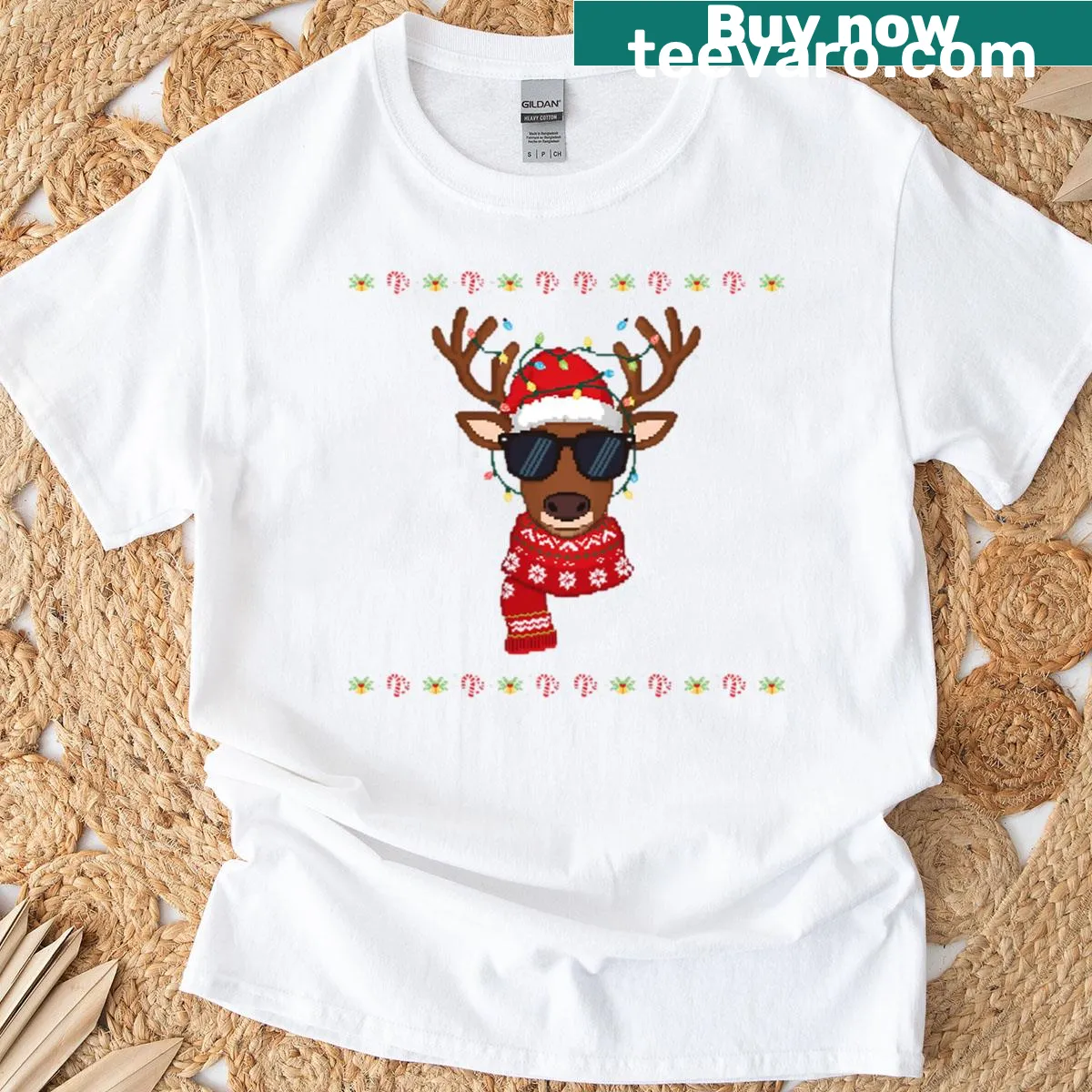 Funny reindeer graphic on a Christmas-themed t-shirt — on a men's t-shirt