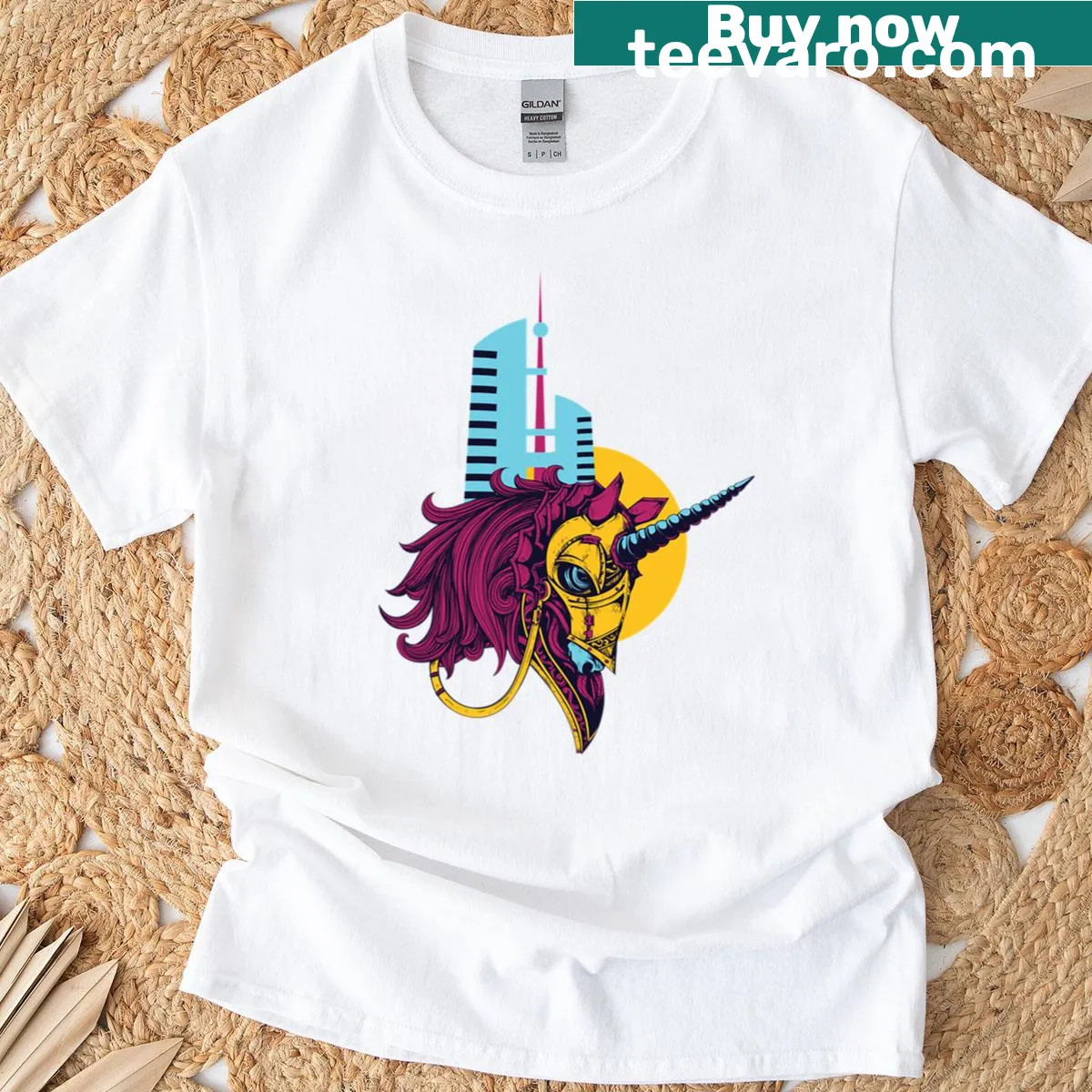 Oversized t-shirt featuring a whimsical unicorn horse graphic — on a men's t-shirt