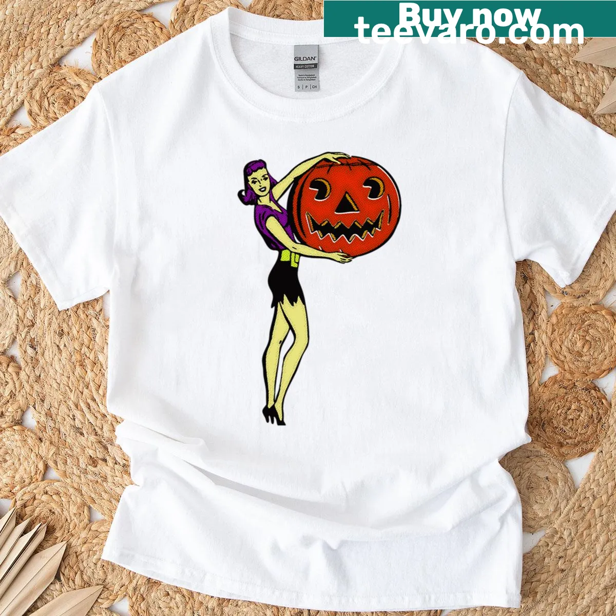 Vintage Halloween t-shirt with pin-up girl design — on a men's t-shirt