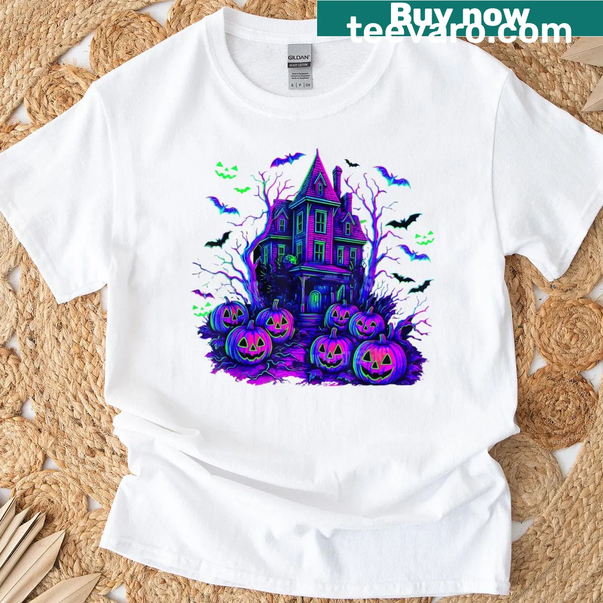 Retro Halloween scene with pumpkins for spooky season t-shirt — on a men's t-shirt