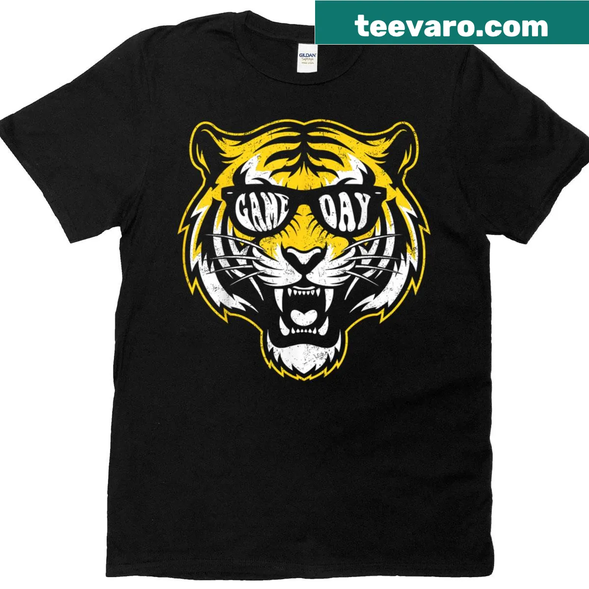 Vintage Tiger T-shirt with sunglasses graphic for game day — on a men's t-shirt