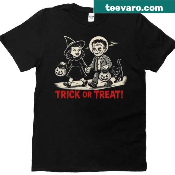 Vintage Halloween shirt with witches, zombies, and a black cat design.