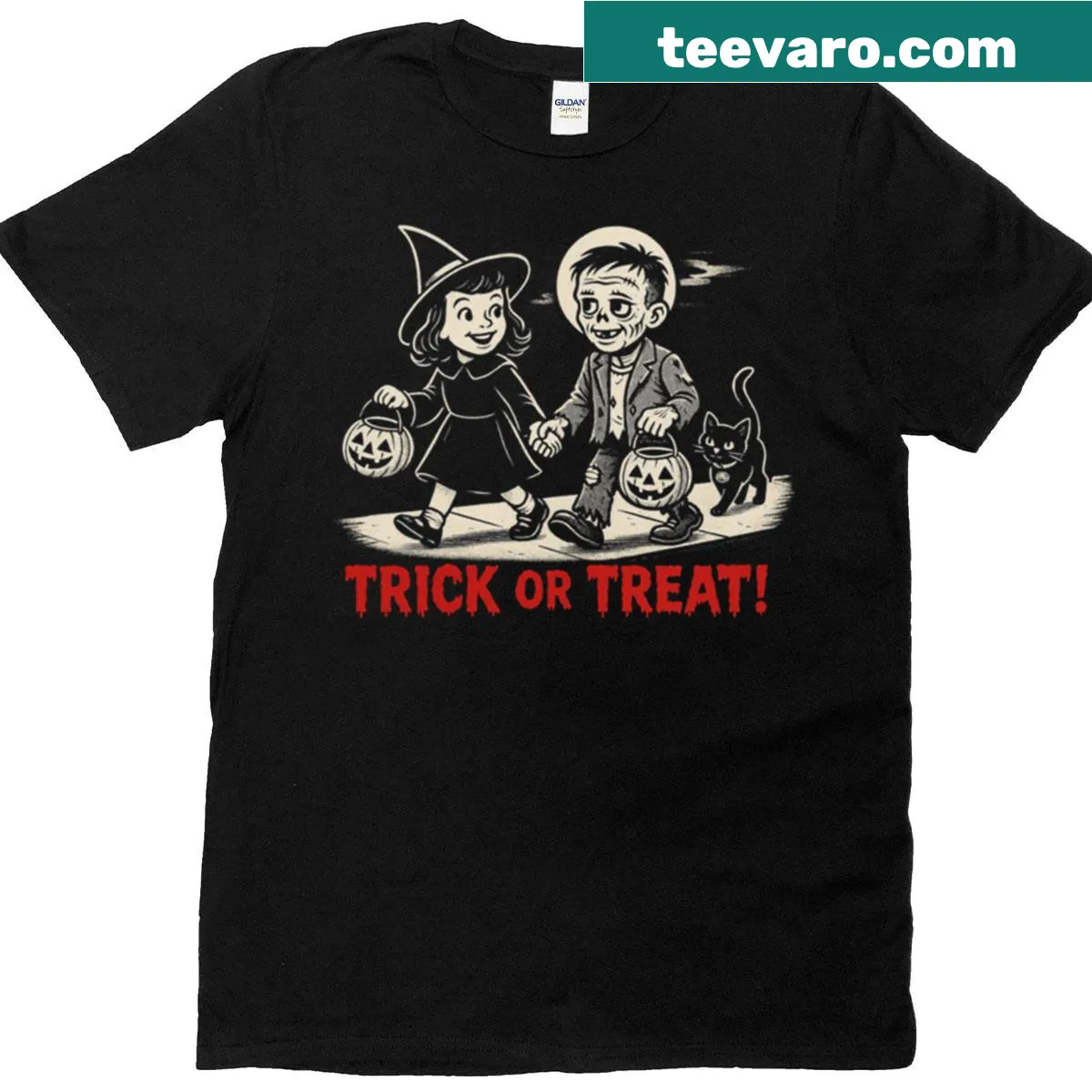Vintage Halloween shirt with witches, zombies, and a black cat design. — on a men's t-shirt