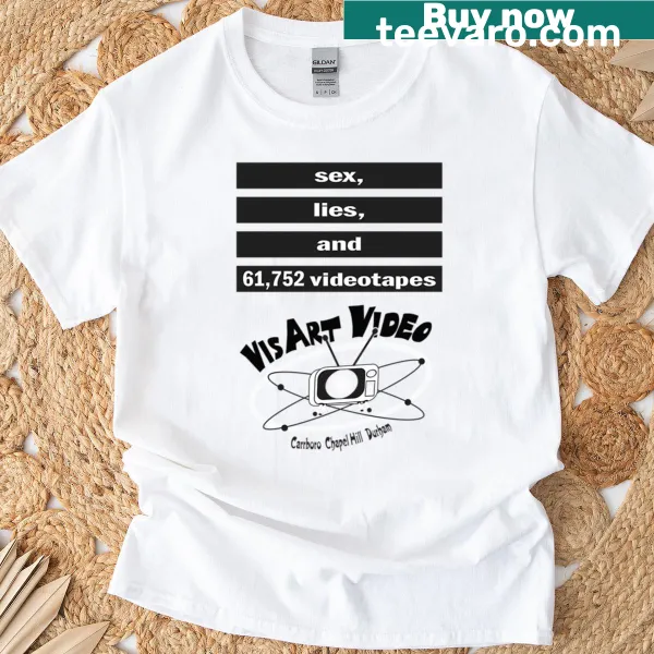 Vintage-styled T-shirt featuring a graphic of the Visart Video rental store.