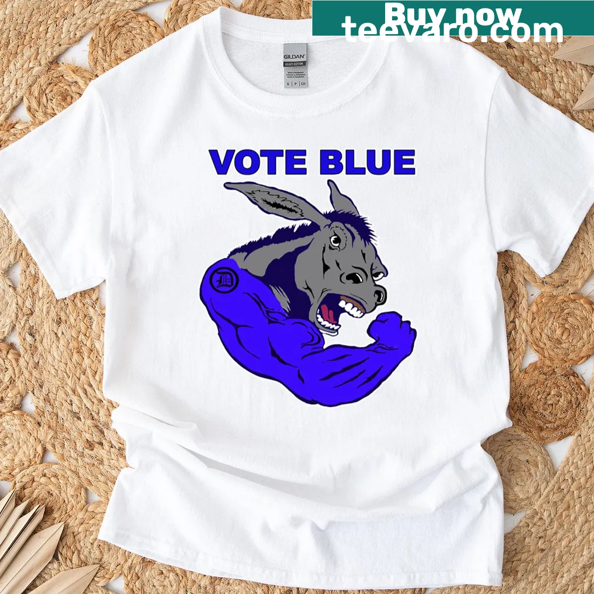 Vote Blue t-shirt with bold text promoting voting — on a men's t-shirt