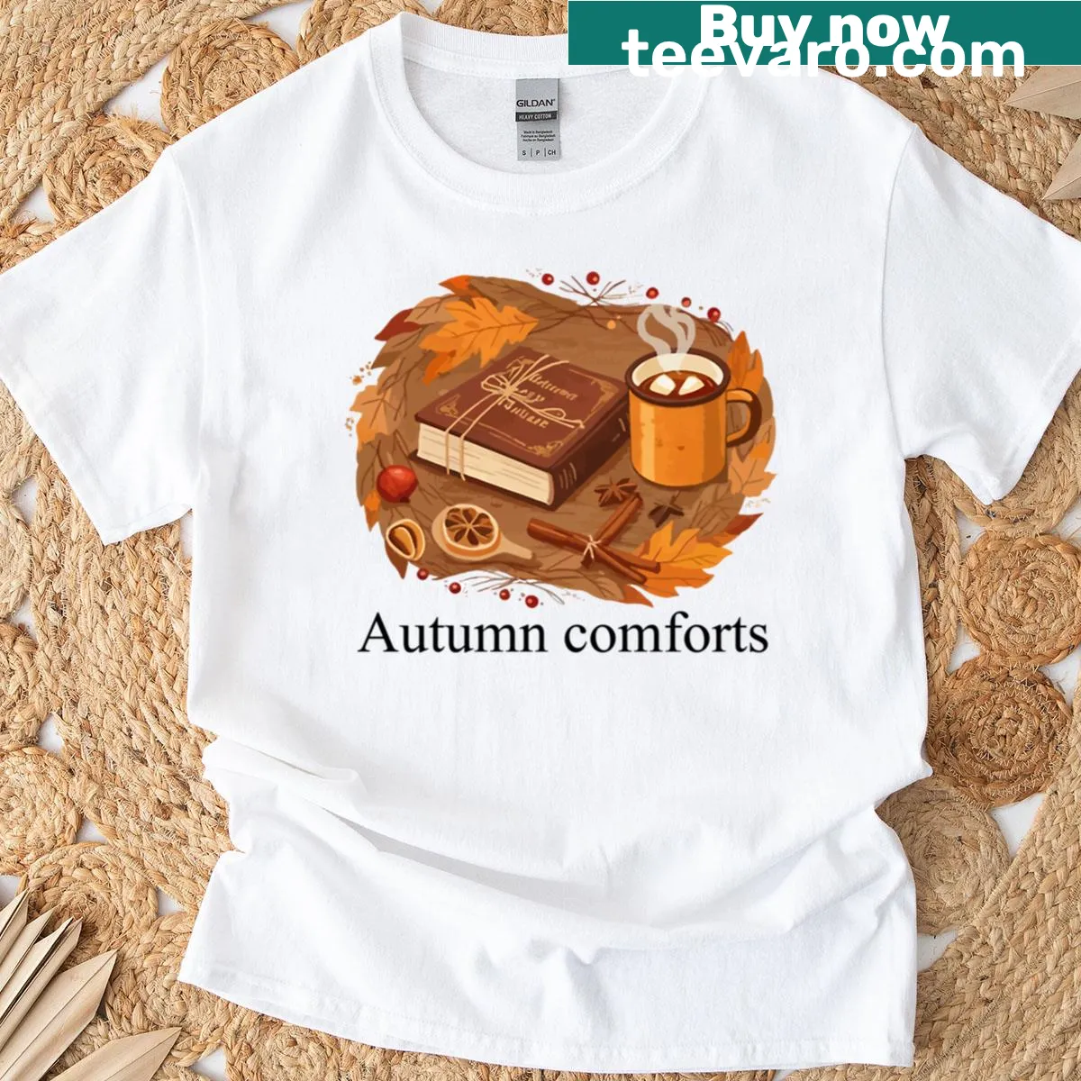 Cozy autumn aesthetic illustration t-shirt celebrating the fall season — on a men's t-shirt