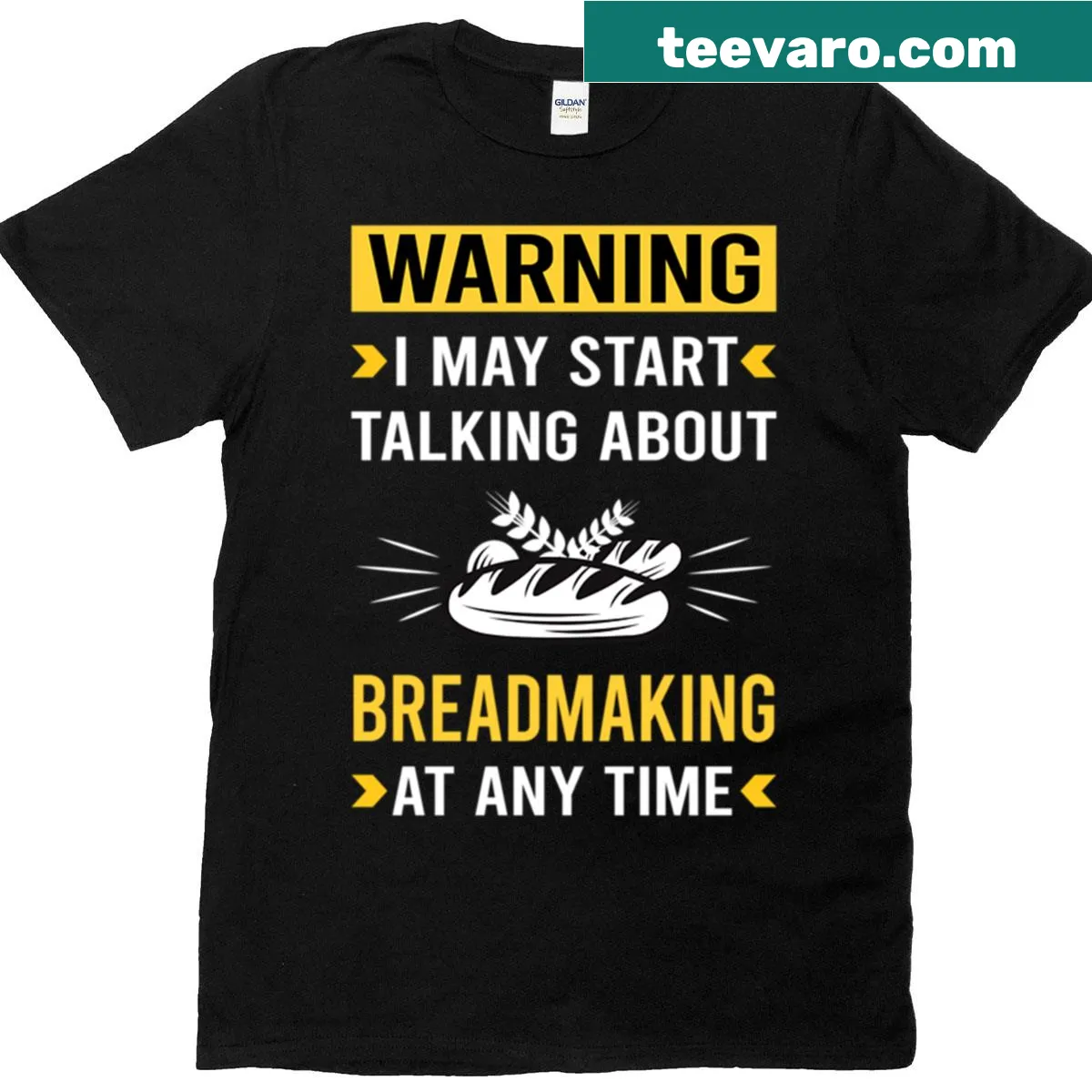 T-shirt with a humorous warning graphic about breadmaking — on a men's t-shirt