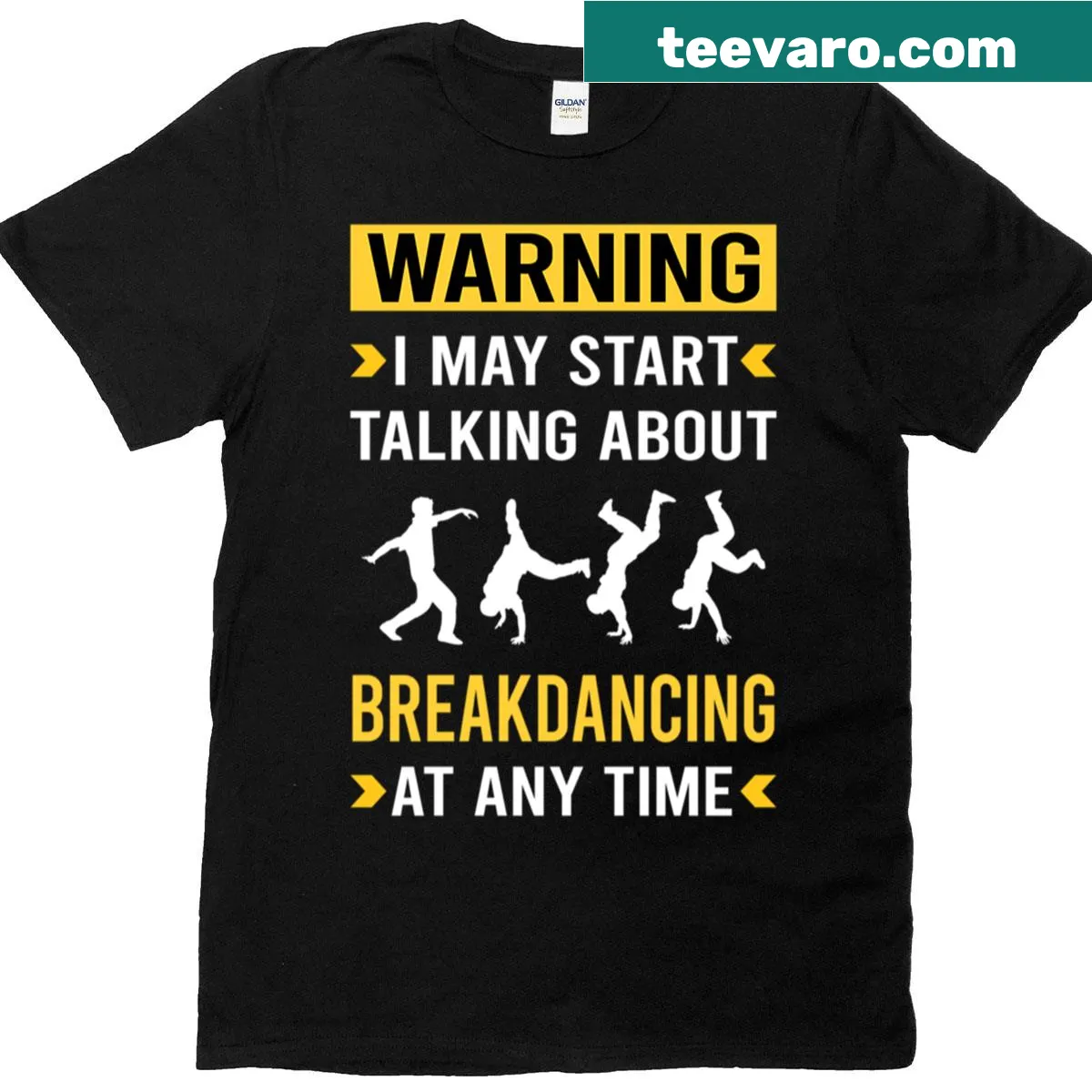 Funny breakdancing-themed shirt with a warning graphic design. — on a men's t-shirt