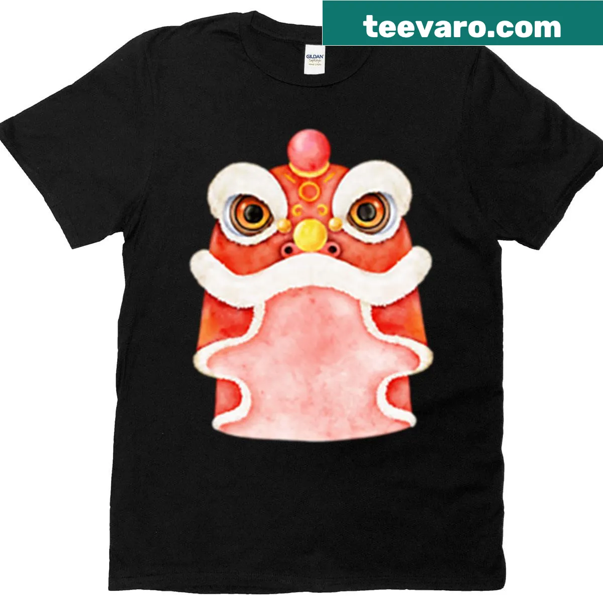 Watercolor illustration of a Chinese lion dance mask — on a men's t-shirt