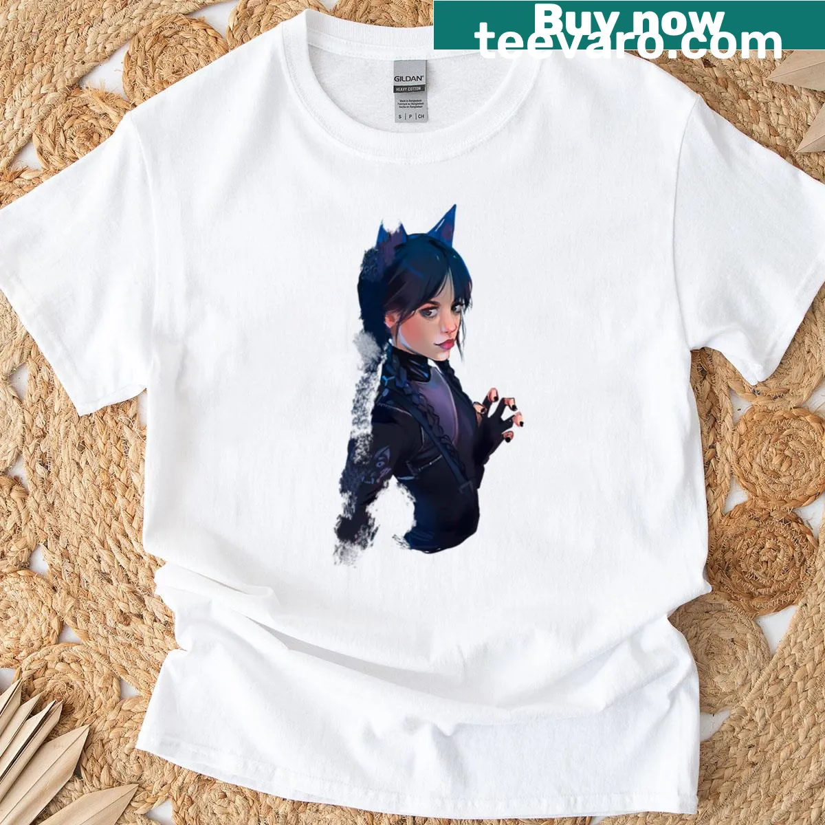 Cartoon illustration of Wednesday Addams on an oversized t-shirt — on a men's t-shirt