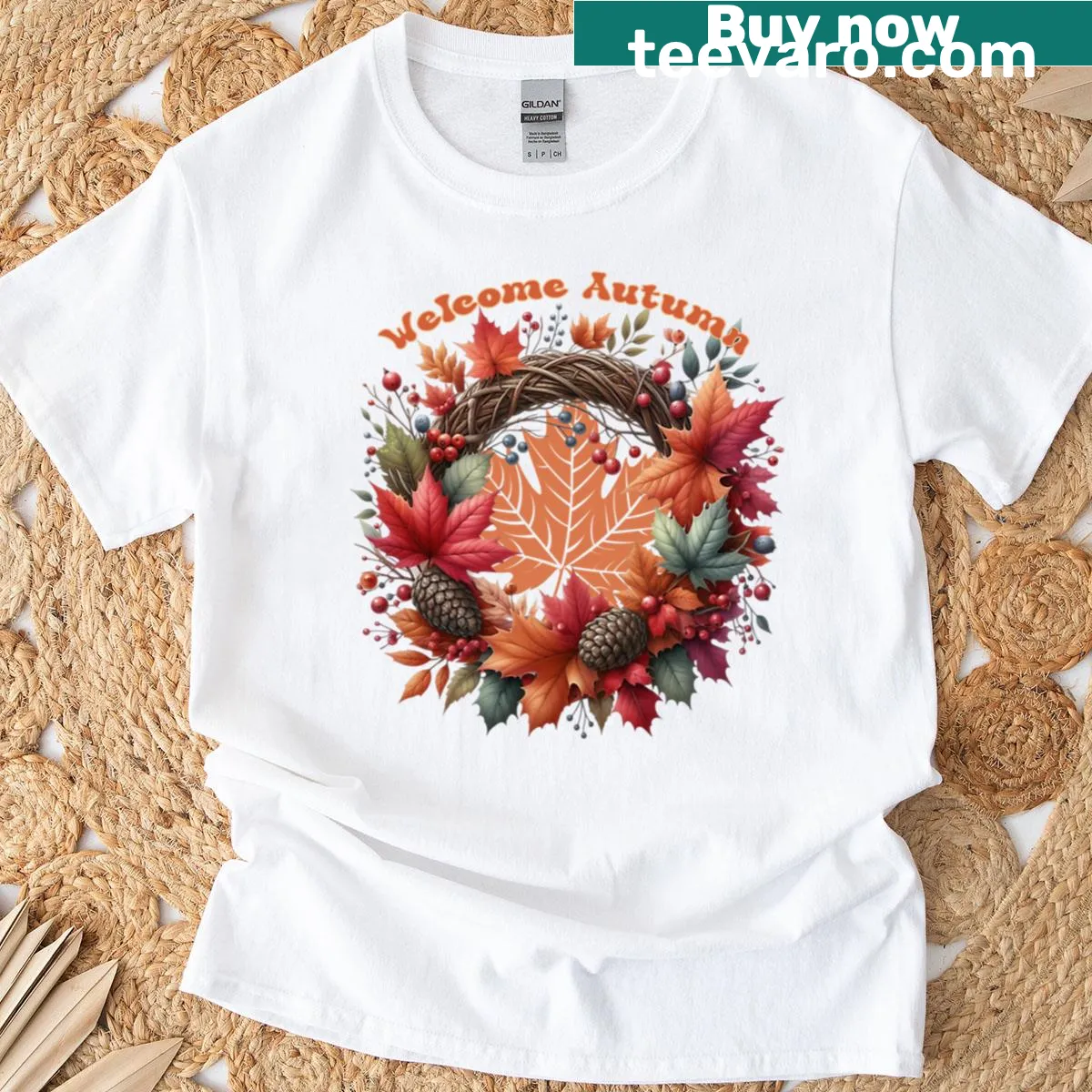 Autumn wreath graphic with leaves and pinecones for fall — on a men's t-shirt