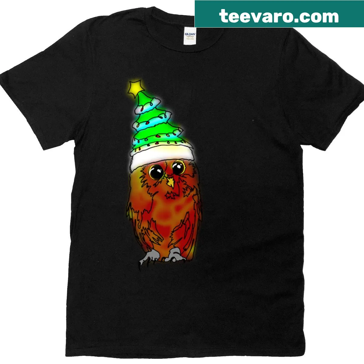 Cute owl in a Christmas tree hat t-shirt for kids — on a men's t-shirt