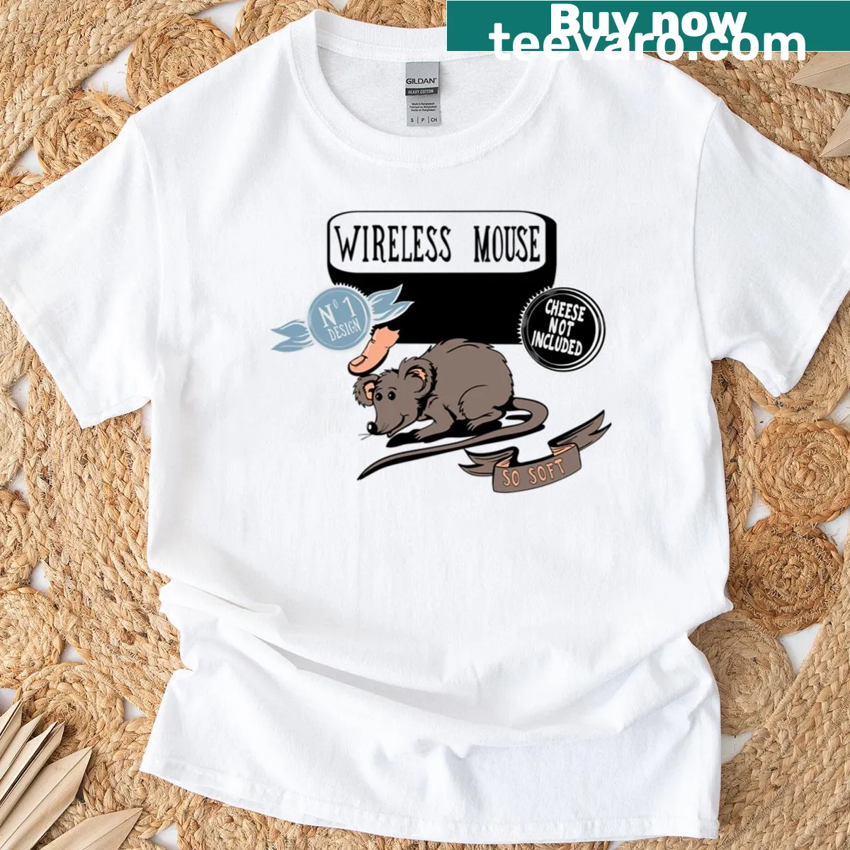 Funny t-shirt featuring the phrase 'Wireless Mouse' as a joke — on a men's t-shirt
