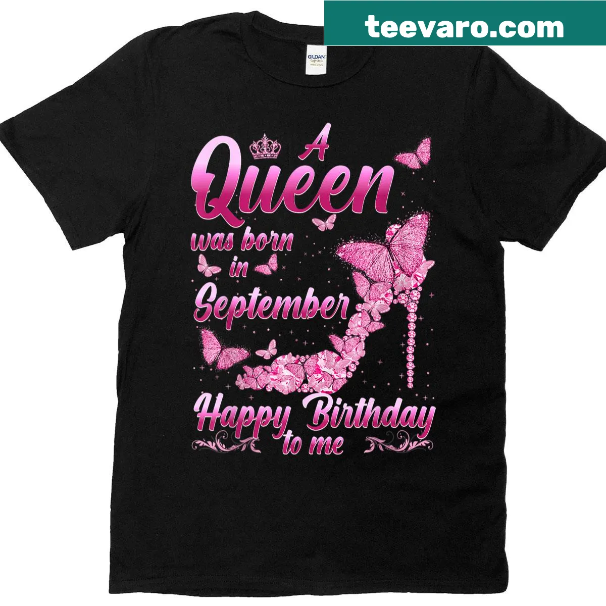 Birthday t-shirt with 'A Queen Was Born In September' text — on a men's t-shirt