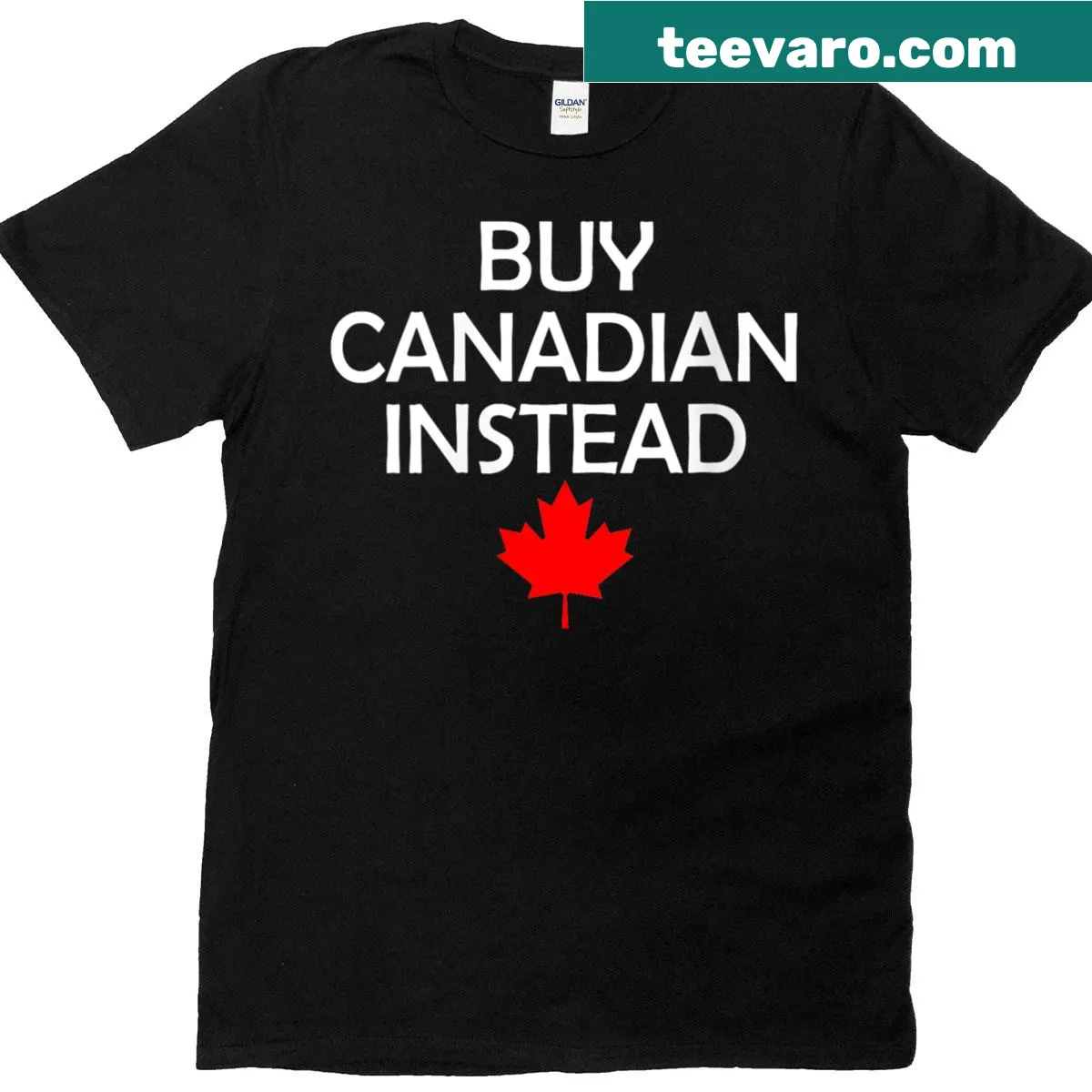 Illustrative T-shirt promoting Canadian support with anti-Trump tariffs message. — on a men's t-shirt
