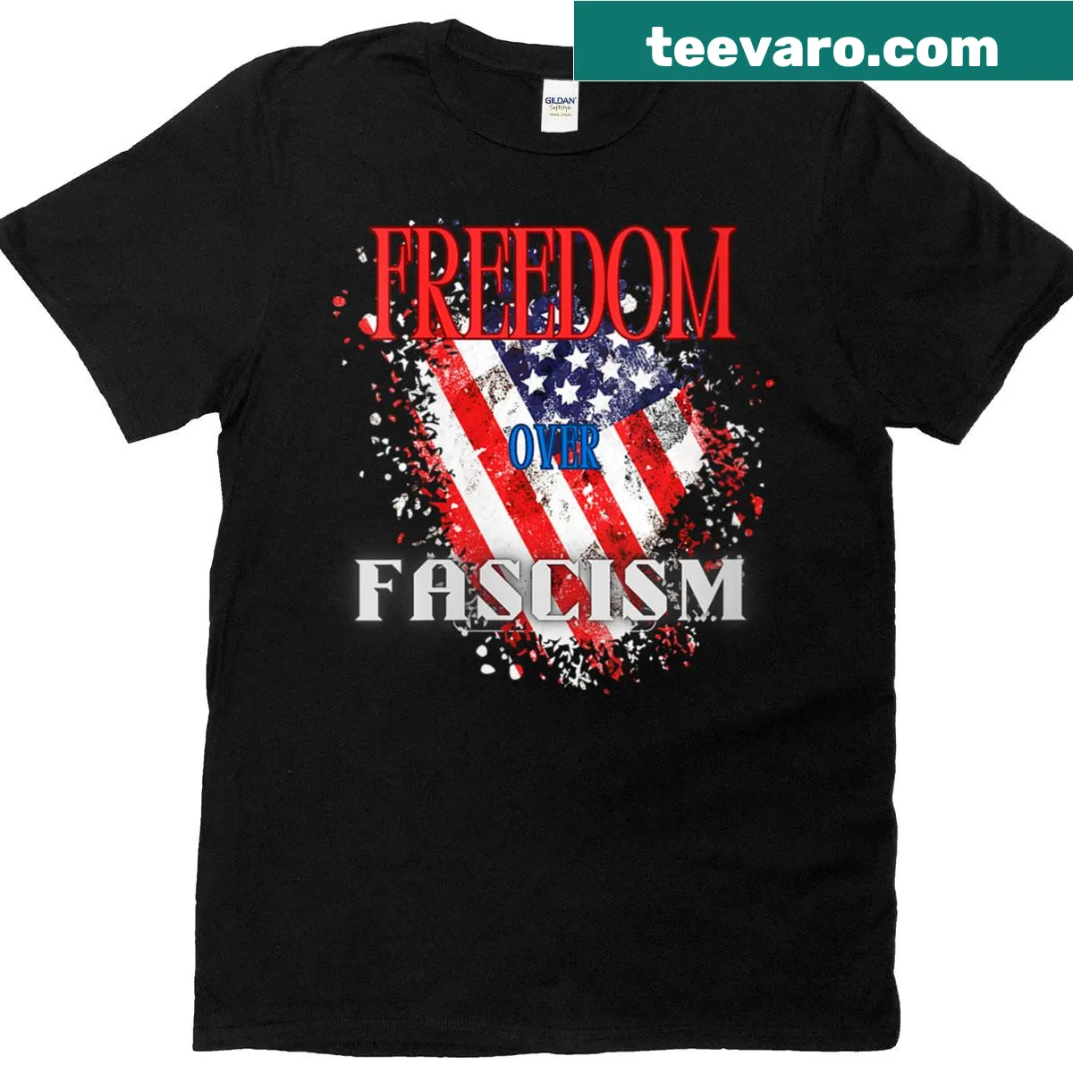 Women's T-shirt with 'Freedom Over Fascism' text design — on a men's t-shirt