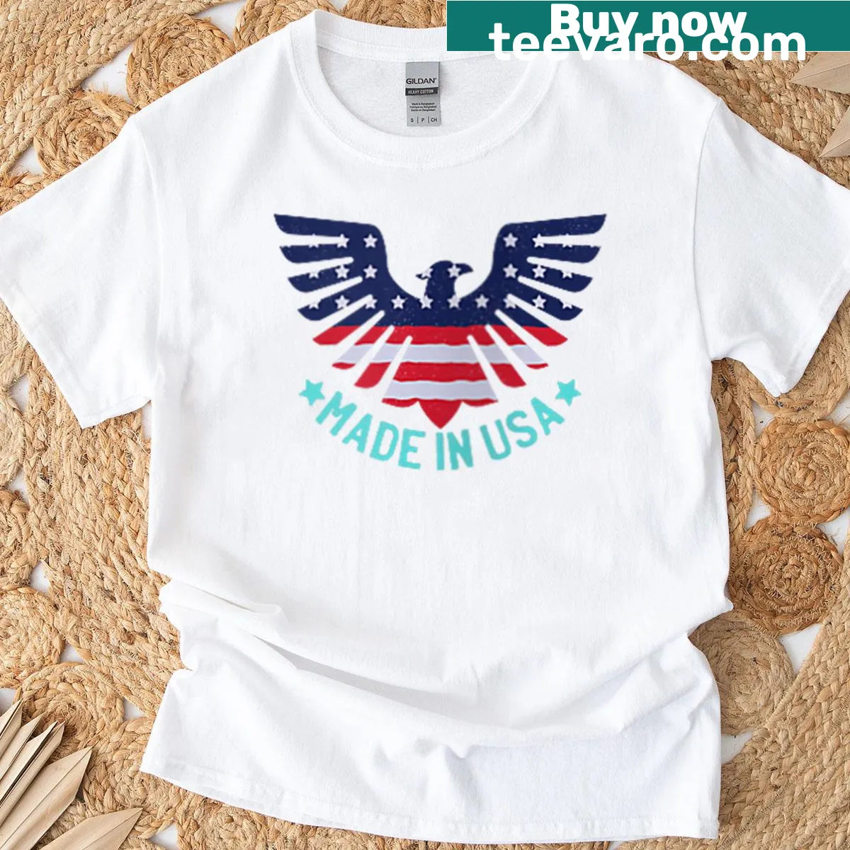 Women's T-shirt with 'Made in USA' text — on a men's t-shirt