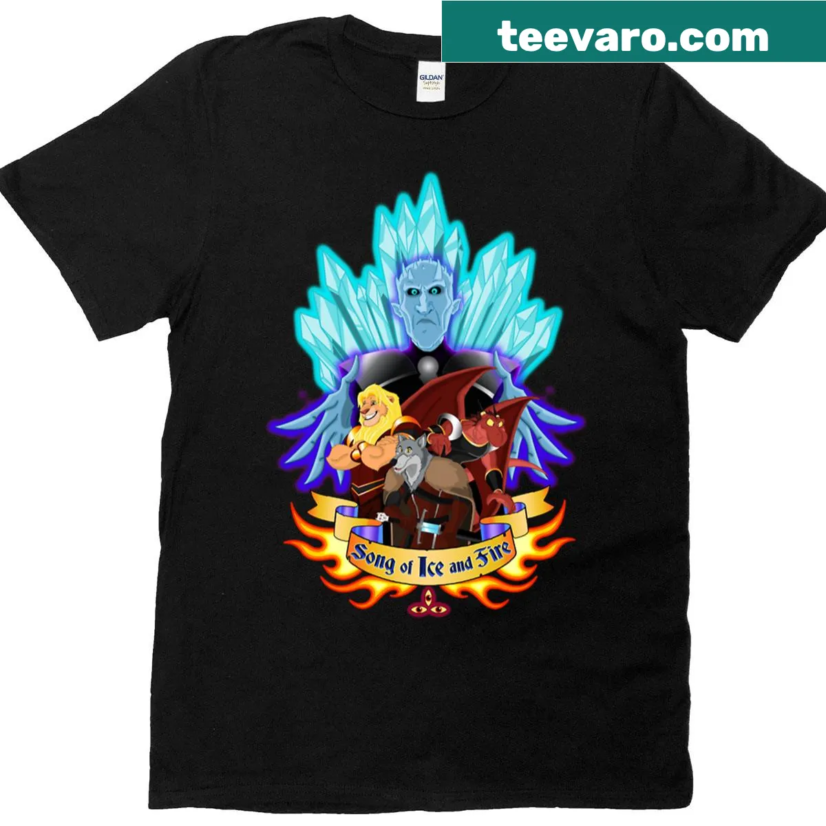 Illustrative T-shirt depicting a fantasy world of ice and fire themes. — on a men's t-shirt