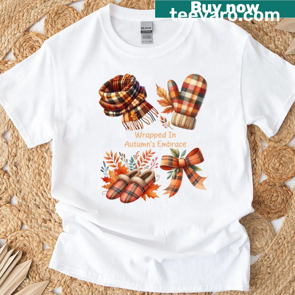 T-shirt with cozy fall design featuring plaid scarf and mittens — on a men's t-shirt