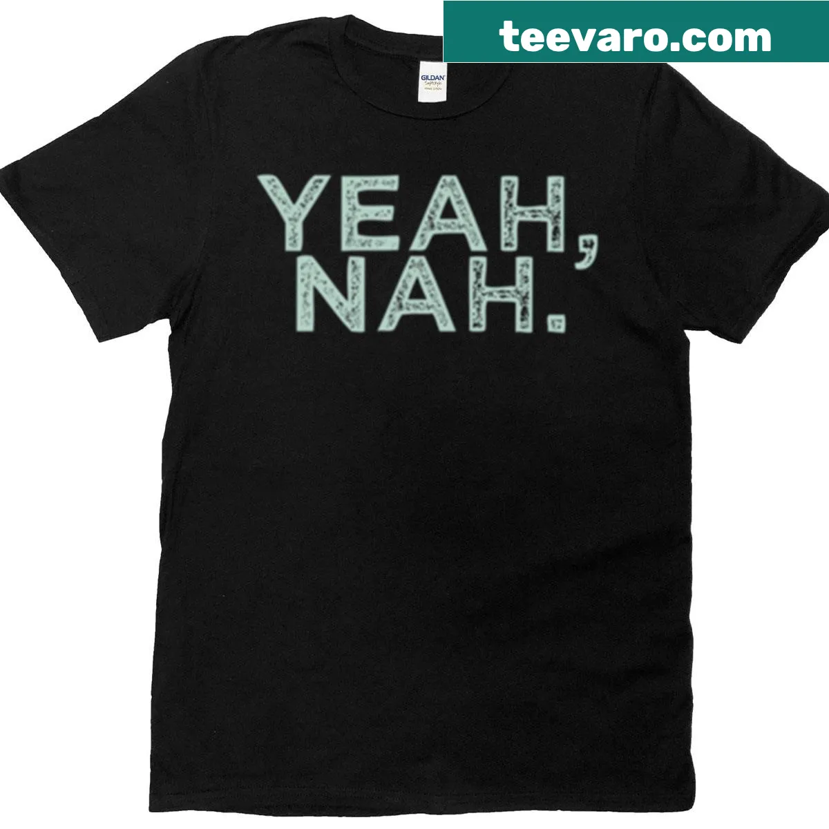 T-shirt featuring the Australian slang 'Yeah Nah' in a mint color — on a men's t-shirt