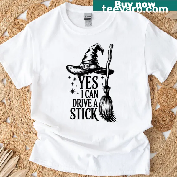 Cute witch t-shirt with a witch driving a broomstick and playful text