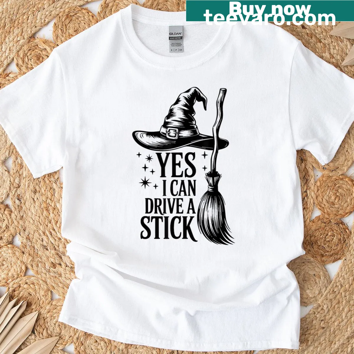 Cute witch t-shirt with a witch driving a broomstick and playful text — on a men's t-shirt