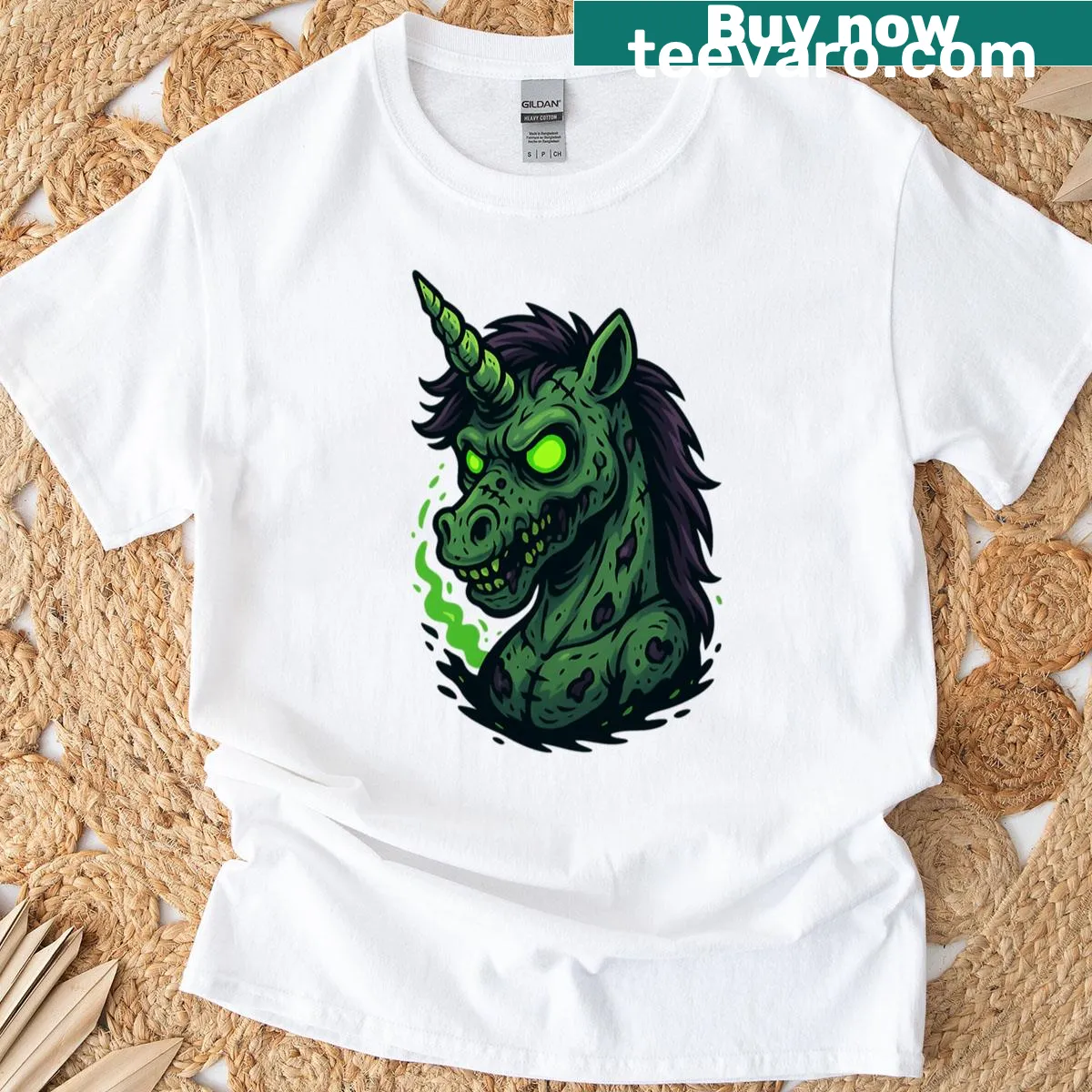 Illustrative T-shirt featuring a zombie unicorn head design. — on a men's t-shirt