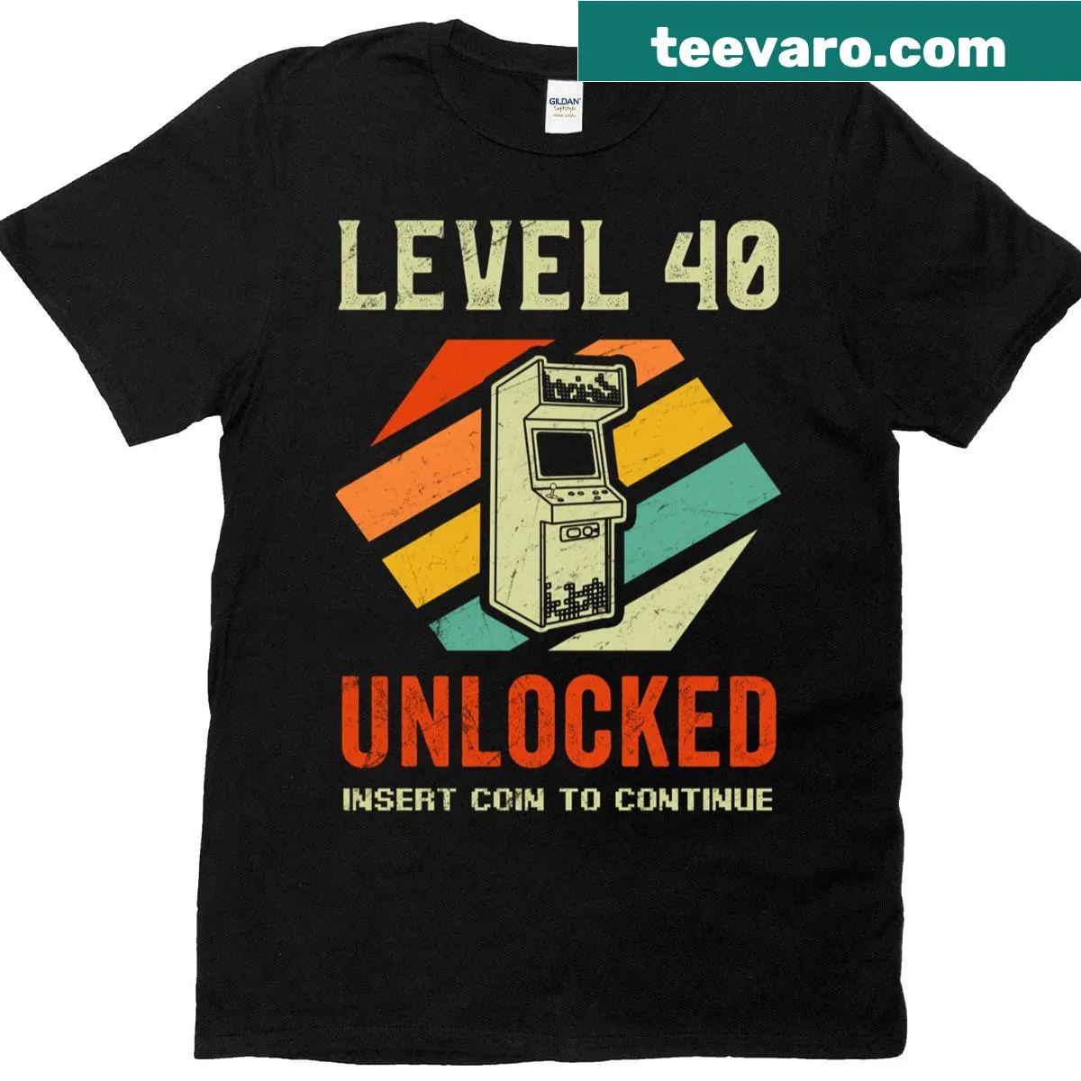 Retro Gamer T-shirt with 'Level 40 Unlocked' graphic — on a men's t-shirt