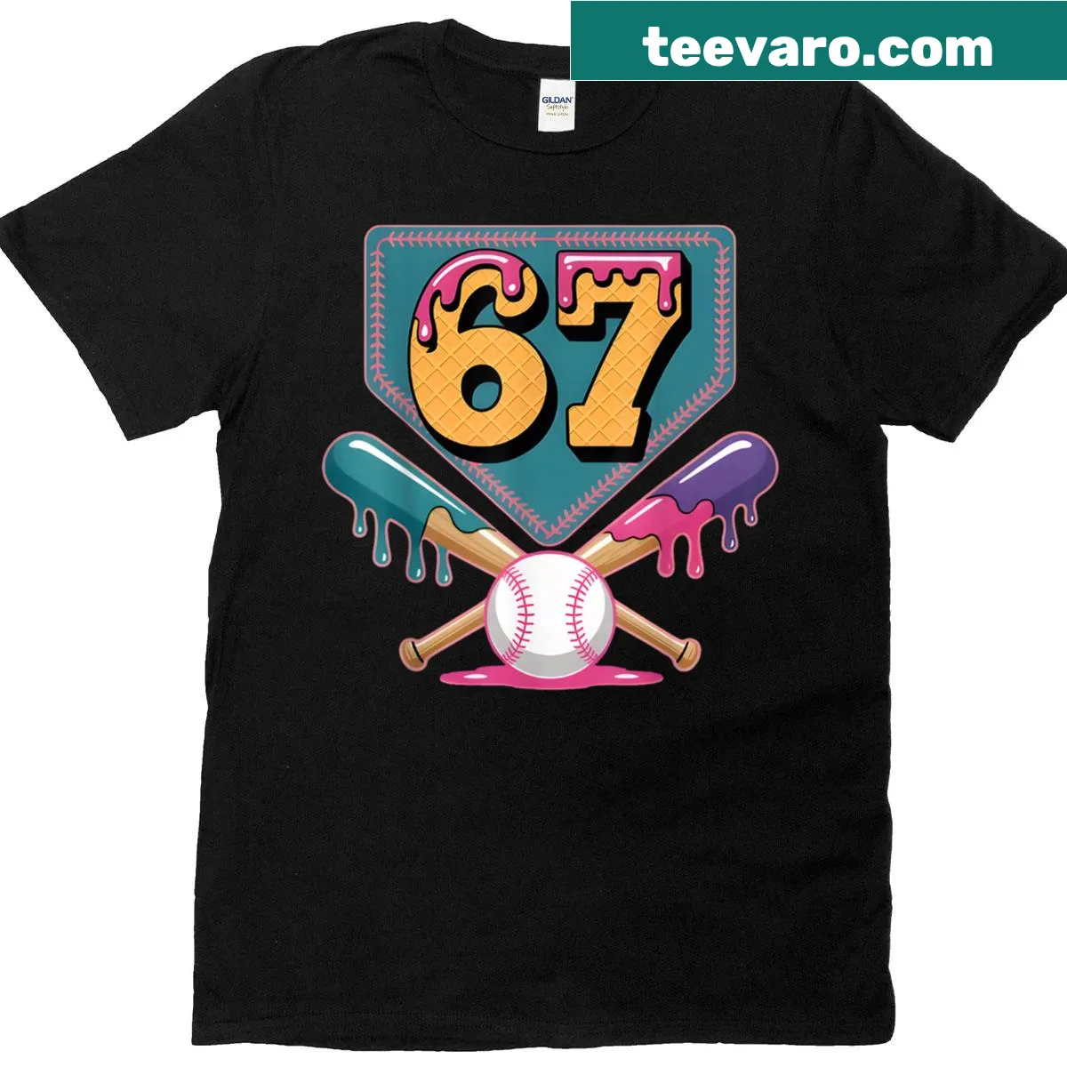 Funny ice cream and baseball themed t-shirt with drips — on a men's t-shirt