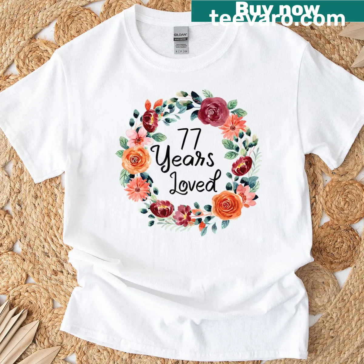 Floral wreath design celebrating 77th birthday — on a men's t-shirt