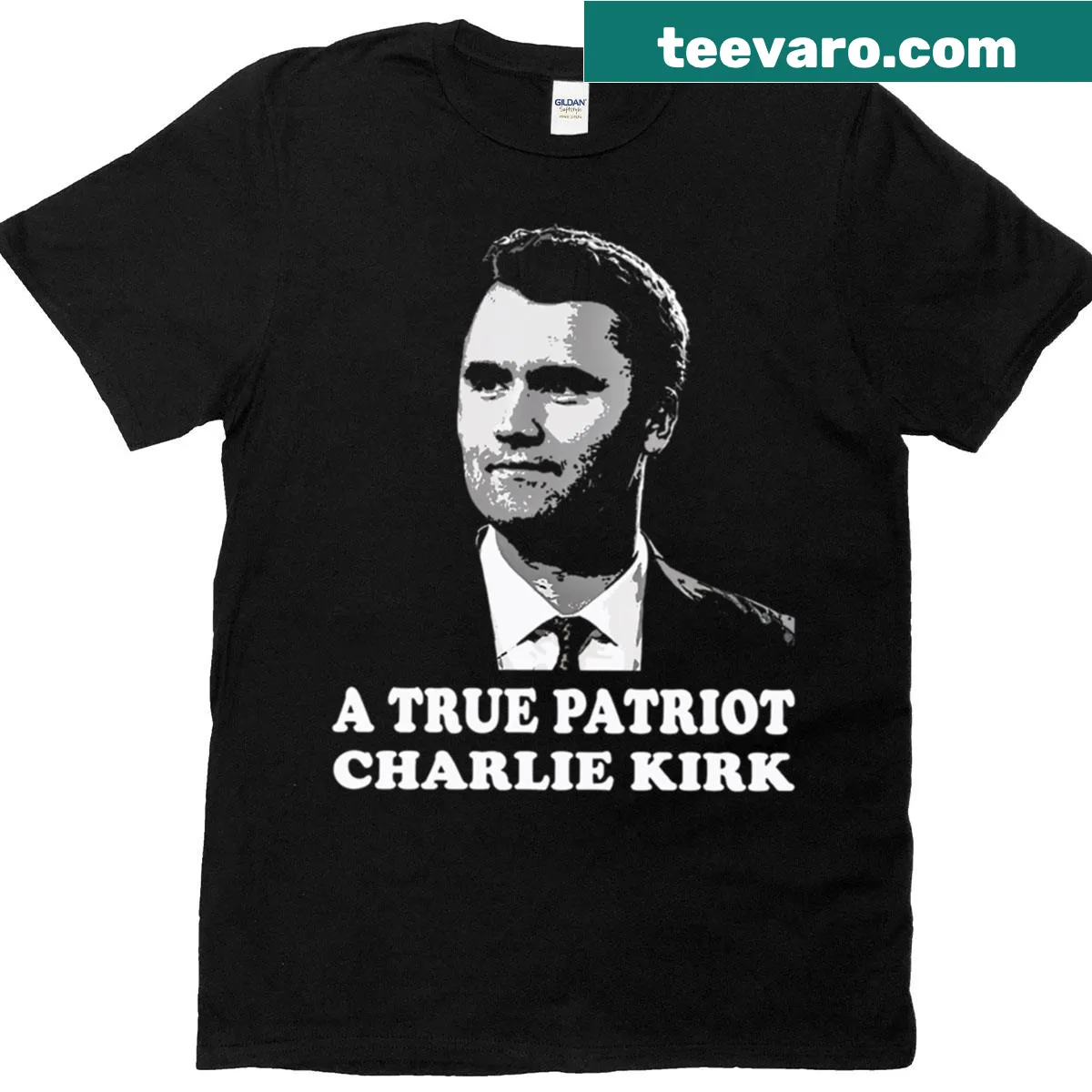 Patriotic T-shirt featuring 'A True Patriot' text and Charlie Kirk — on a men's t-shirt
