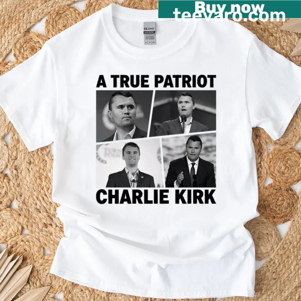T-shirt featuring typography supporting Charlie Kirk and patriotic themes