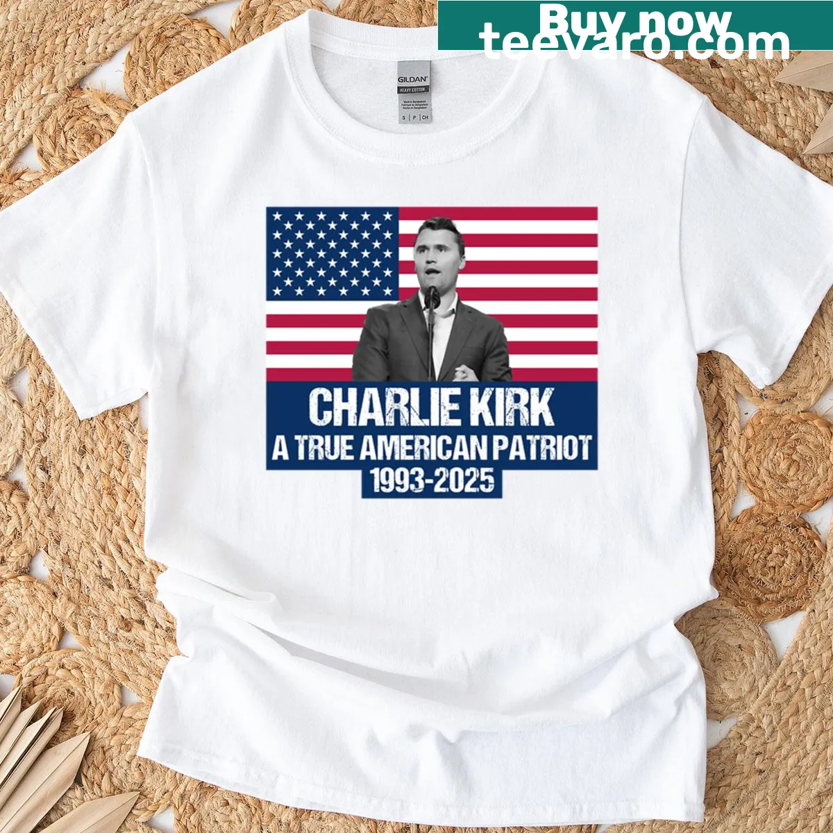 Tribute T-shirt with text honoring Charlie Kirk — on a men's t-shirt