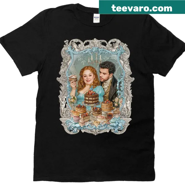 Charming T-shirt design featuring cakes and teacups for afternoon tea lovers