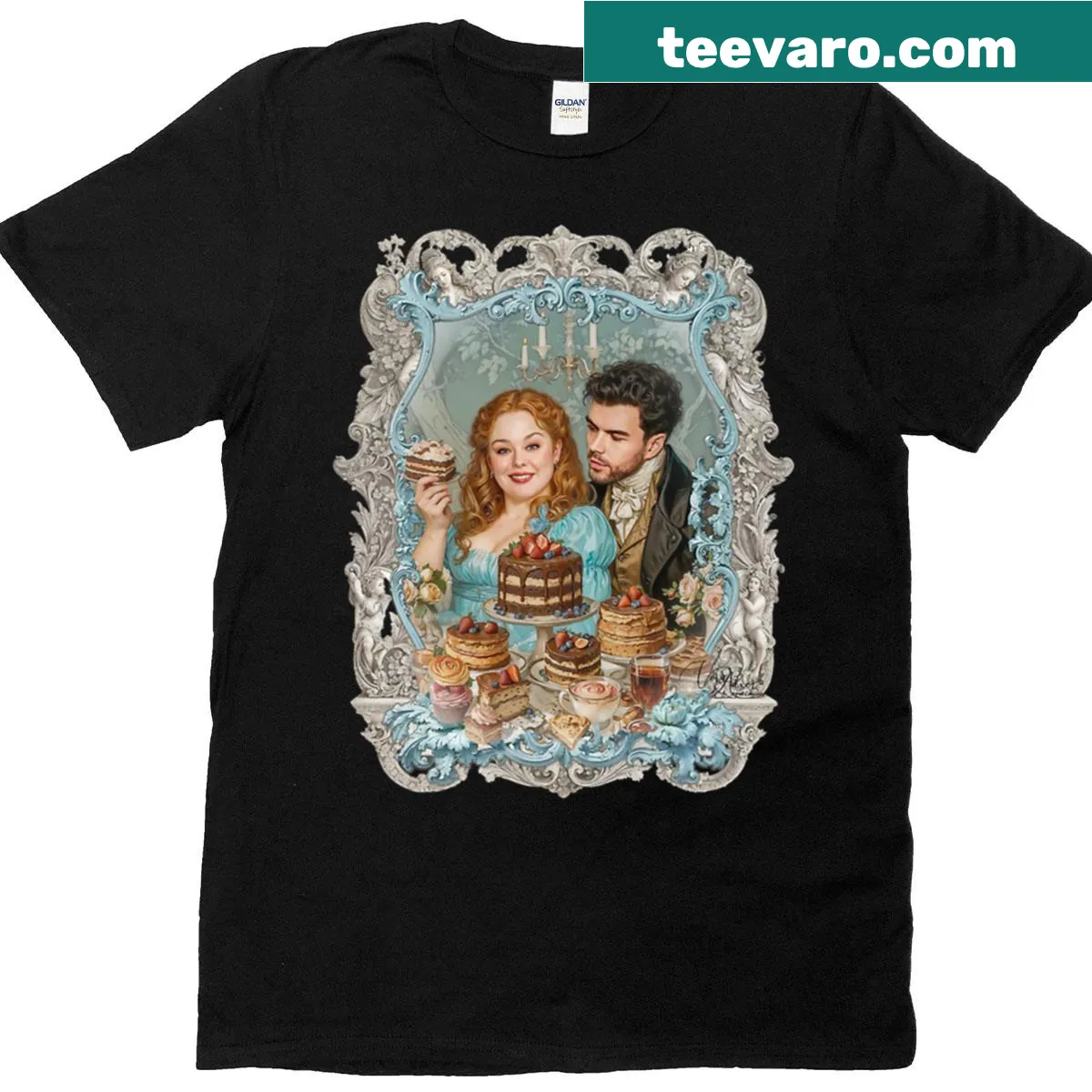 Charming T-shirt design featuring cakes and teacups for afternoon tea lovers — on a men's t-shirt