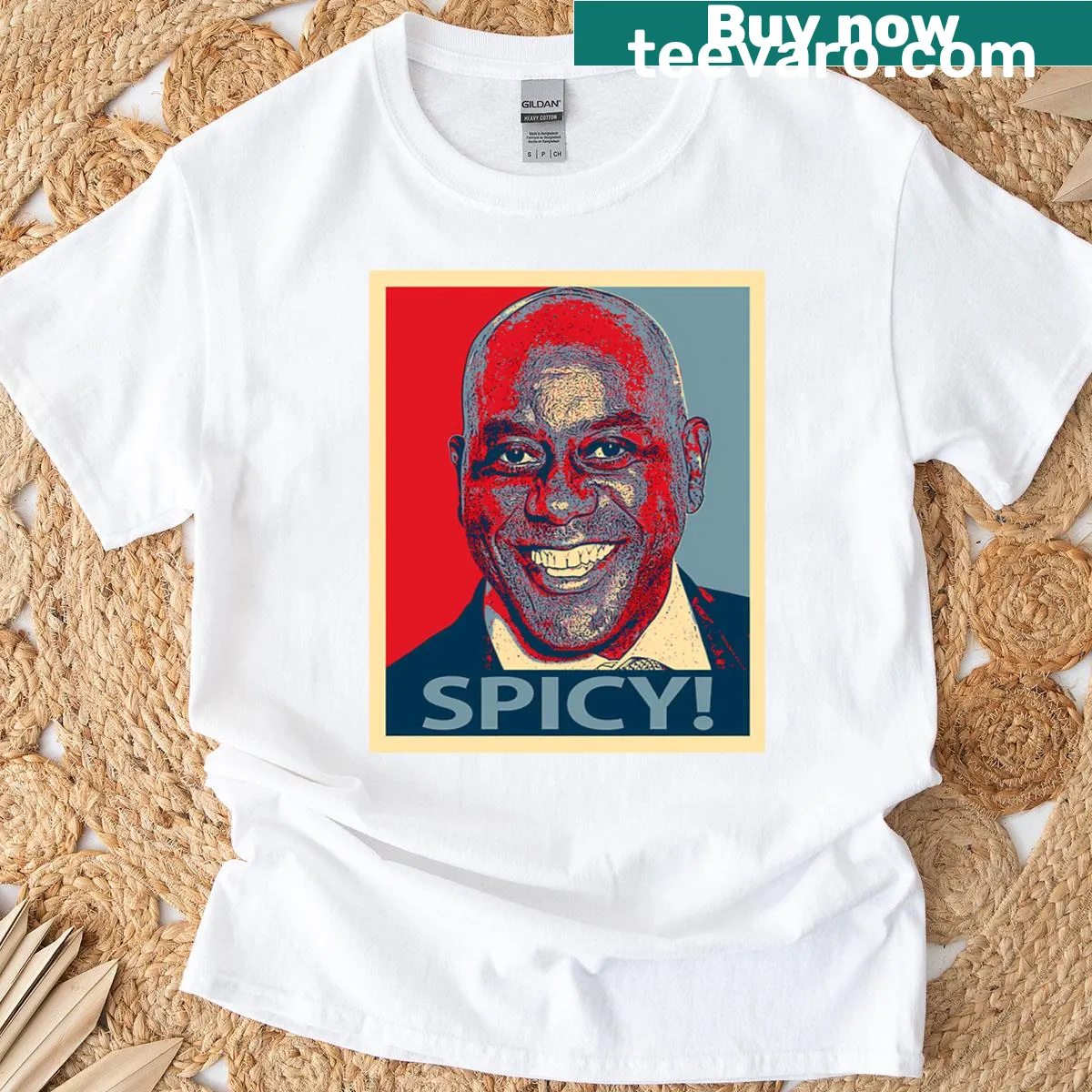 Playful shirt with 'Spicy' text inspired by Ainsley Harriott — on a men's t-shirt