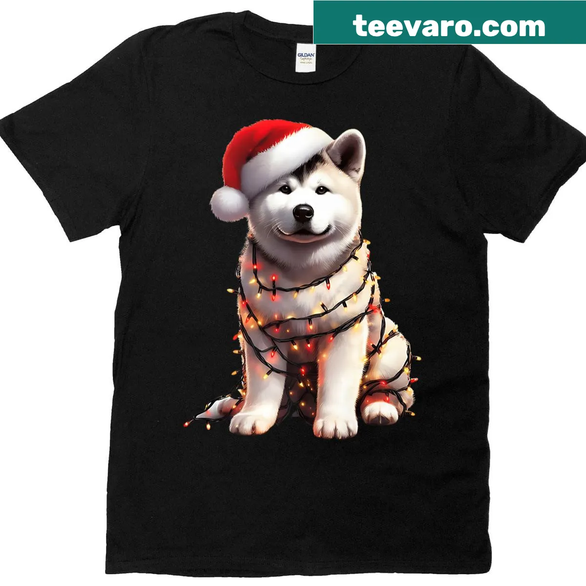 Akita dog wearing Santa hat with Christmas lights illustration — on a men's t-shirt