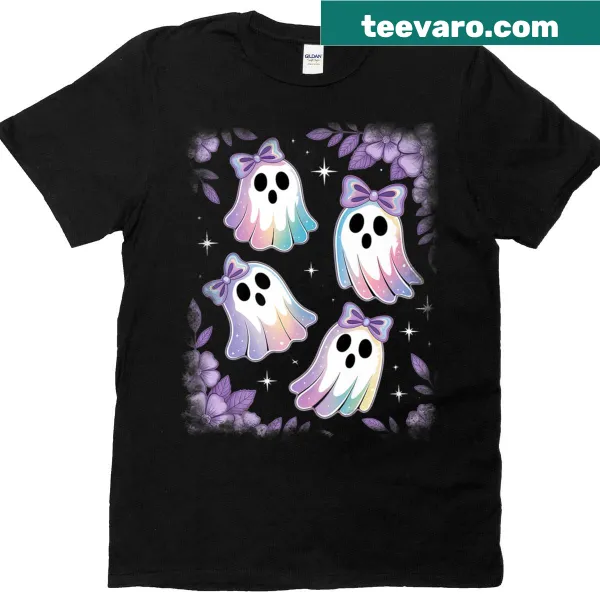 Glowing Halloween shirt with a group of cartoon ghosts saying Boo!