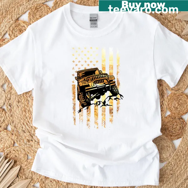 T-shirt featuring American flag and jeep illustration against yellow sky